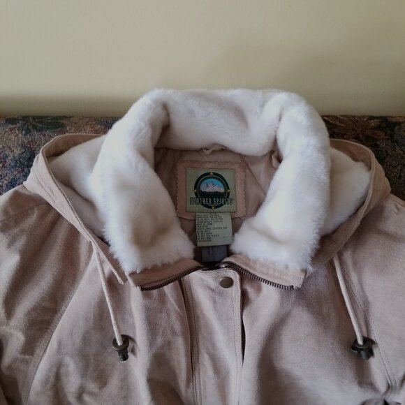 Vintage 80s, suede leather coat, fur fabric lined hood, XL by Weather Spirits - Picture 2 of 15